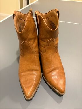 Women Tan Leather Western Ankle Boots - Classic Pointed Toe